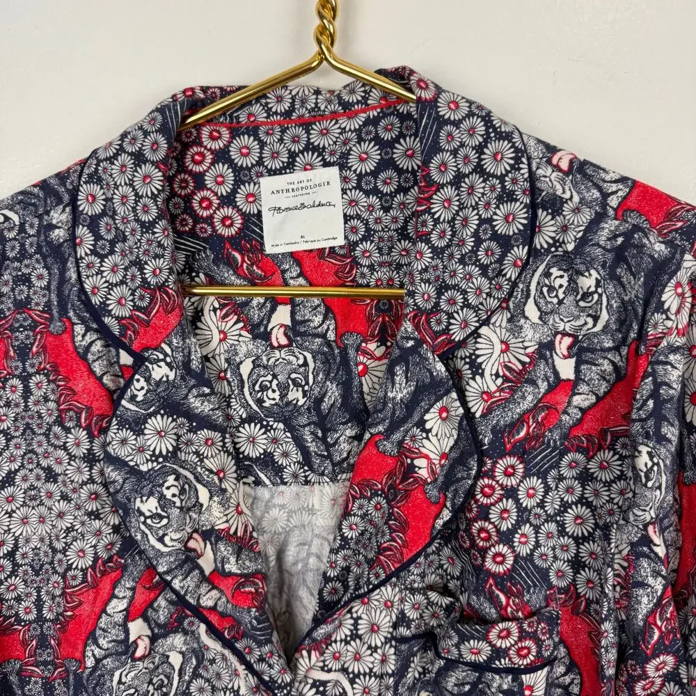 Anthropologie Florence Balducci Menagerie Pajama Top Tiger Print Flannel Sz XL